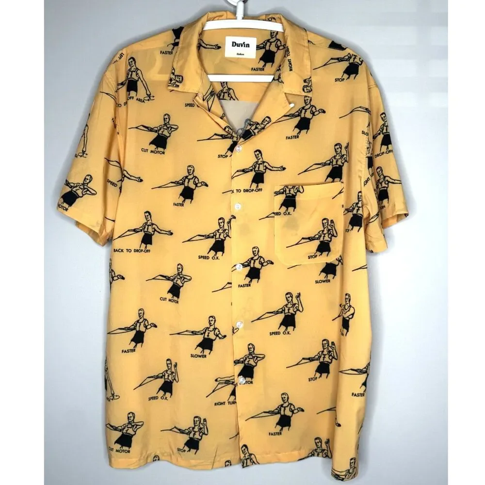 Duvin Yellow Graphic Hawaiian Ski Wakeboard Shirt Medium Retro Vacation Print M - Picture 2 of 7